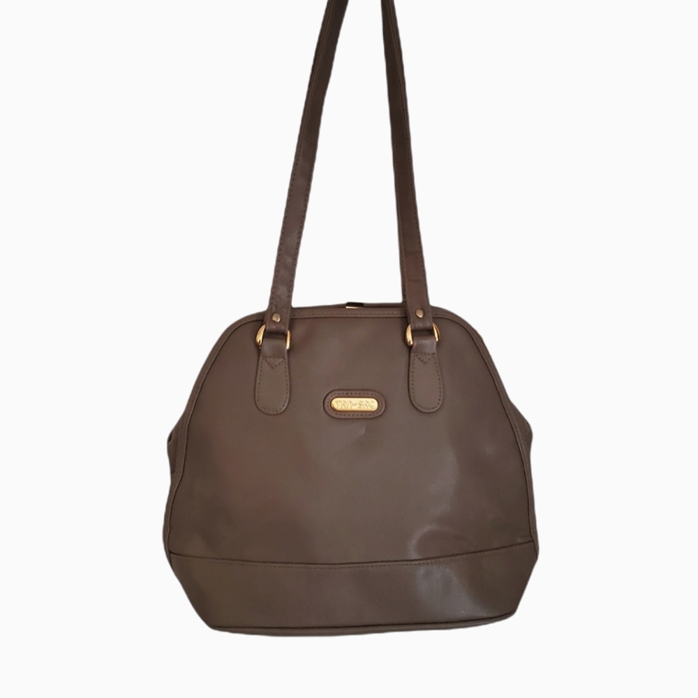90s Taupe Retro Modern Vegan Leather Working Purse with Gold Clasp
